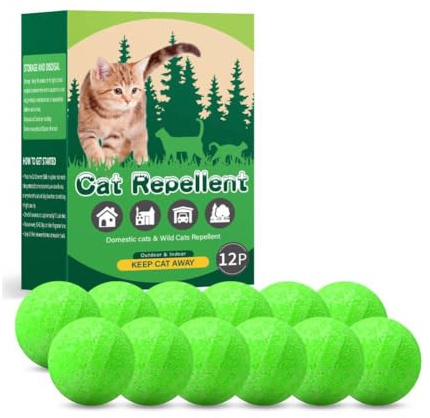 12Pcs Cat Repellents for Gardens UK, Cat Deterrent, Natural Peppermint Oil Cat Repellents Balls, Humane Pet Safe, Long Lasting Indoor Outdoor for Yard Lawn Plants Furniture