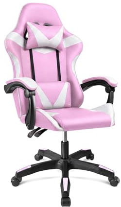 duehome | Silla Gaming Ergonómica Reclinable con Cojín Lumbar y Cervical, Ruedas 360°, Modelo Viper, Acabado en Rosa y Blanco, Medidas: 56 cm (Ancho) x 53 cm (Largo) x 117-128 cm (Alto)