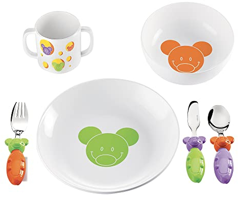 Guzzini Fratelli Bimbi, Juego Tip Top Tap: lato Llano, Plato sopero, Vaso pequeño y Tres Cubiertos, ABS|Mel|Stainless Steel AISI 304 18/10, Stainless Steel AISI 410 (Knife)