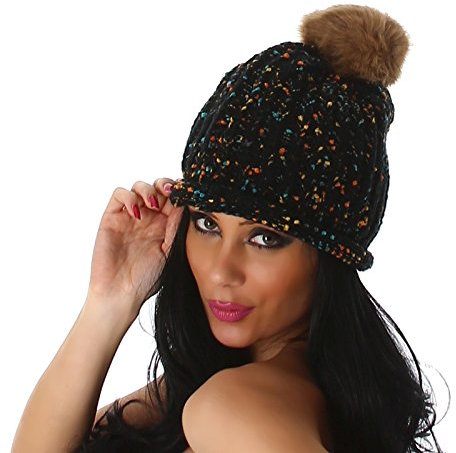 Jela London Damen Beanie Bommel Strick Mütze Mehrfarbig offene Kante, Schwarz