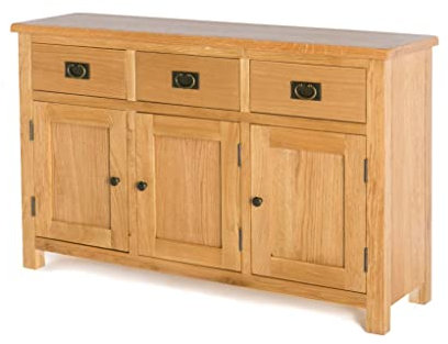 Surrey Oak Large Sideboard Cabinet for Living Room | Roseland Furniture Traditional Rustic Waxed Solid Wood 3 Drawer 3 Door Storage Unit for Hallway or Dining Room | Fully Assembled