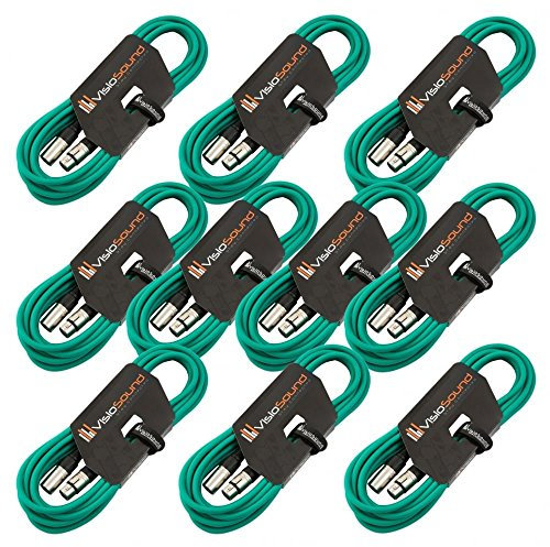 VisioSound 10 x 6m Male to Female XLR Mic Leads/Balanced Microphone Cables / 8 Colours / 10 Pack Green