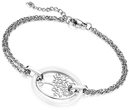 Flongo Keramik Porzellan Damen-Armband, Edelstahl Damenarmband Damenkette Armkette Armreif Weiß Silber Baum des Lebens Rund Kreis Ring Elegant Damen