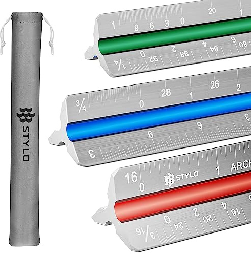 Stylo Dreikantmaßstab 30 cm Aluminium, Maßstab Lineal, Grau, Zoll | Eloxiert, lasergeätzt, 11 Skalen 16 bis 3/32 Zoll, farbcodierte Kanten, für Architektur, Bau und Modellbau