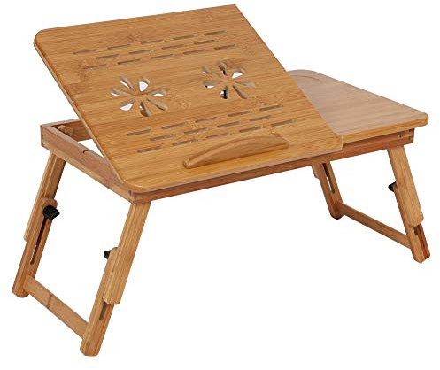 Wakects Table de Lit, Plateau de Lit Bambou Support Ordinateur Portable, Panneau de Bureau Réglable avec Tiroir, Trous d'Aération, Pente du Cordon pour Canapé, Sol, Chambre à Coucher