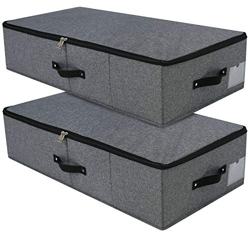 Faltbare Aufbewahrungsbox unter dem Bett mit Kunststoffeinlage, Griffen, Reißverschluss-Deckel, Decken, Kleidung, Bettdecken, Aufbewahrungskorb für Schlafzimmer und Schrank, Schwarz / Grau, 2 Stück