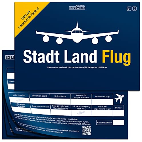 Stadt Land Flug Reisespiel im DIN A5 Format - Stadt Land Fluss Variante für Flugbegleiter, Piloten, Weltenbummler, Vielflieger - Lustiges, Cooles Gadget und Geschenk für erwachsene Reisende