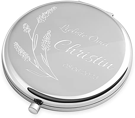 Maverton Kompaktspiegel mit Gravur - Spiegel rund - Doppelspiegel mit Vergrößerung - Reisespiegel für Handtaschen - Geschenke für Frauen - Silber