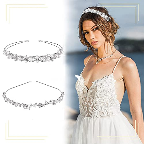 Voarge Lot de 2 serre-têtes en strass pour cheveux-Élégant-Perles blanches-Cristal-Serre-tête-Fleurs-Feuilles-Forme