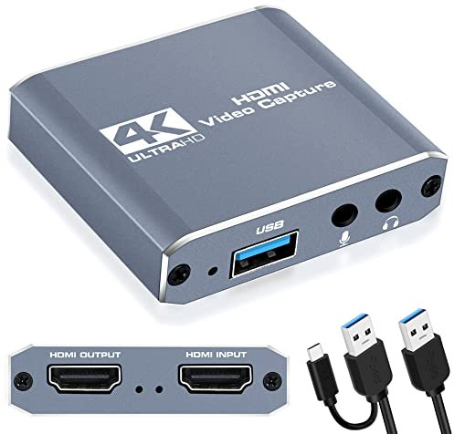 Capture Card 1080p 60fps, 4K HDMI Video Game Capture Card to USB/Type-C with Microphone & HDMI Loop-Out, Low Latency Record Broadcast Live Streaming Compatible with Nintendo Switch/PS5/4/Xbox One