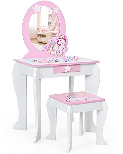COSTWAY Kinder Schminktisch mit Hocker, Prinzessin Frisiertisch mit Schublade und Abnehmbarer Spiegel, Frisierkommode rosa, Schminkkommode für Mädchen von 3-7 Jahren (Weiß)
