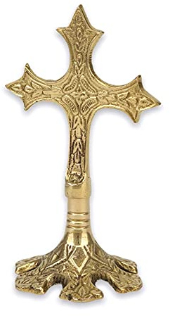 BlessedMart Verziertes stehendes Kreuz aus Messing – Tischaltar Segen Kruzifix, Kirche liturgisch, Heimataltar, Gebetsecke, Höhe 13 cm