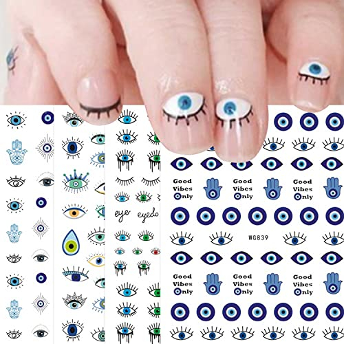 jmeowio Evil Eye Nail Art Stickers Decals 7 Sheets Self Adhesive Turkish Blue Eye Hamsa Hand Eye of Fatima Cartoon Design Manicure Tips Nail Decoration for Women Girls Gift