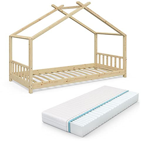 VitaliSpa Hausbett Design, Bett aus Holz, Naturholz, 90x200 cm mit Matratze