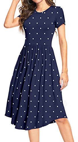 DEARCASE Damen Kurzarm Tunika Kleid Polka Dot Muster Rundhalsausschnitt Midi Kleid für Sommer Casual Flared Style mit Taschen M, Navy Blau
