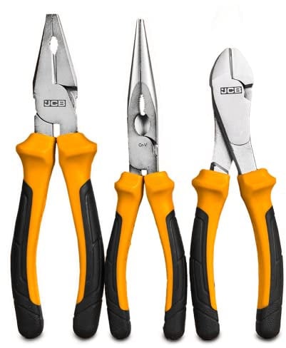 JCB - 3 Piece Pliers Set - Includes 8 Combination, 8 Long Nose, 7 Diagonal Cutters - Safe Grip, Hardened Blades, Chrome Vanadium Steel