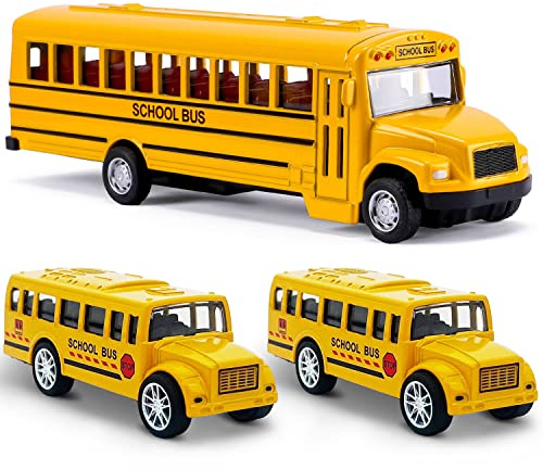 FANELEQU 3 Pack Pull Back School Bus Playset, Die-cast Metal Toy Vehicles with Bright Yellow for Boys Girls Kids Toddlers