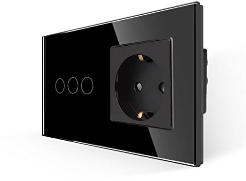 JIMEIDA Enchufe con interruptor de luz negro, interruptor de luz táctil de cristal con enchufe empotrado, interruptor de pared de 3 vía con LED de estado