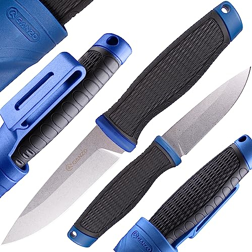 Ganzo G806-BL Coltello a Lama Fissa 8CR14 Lama in Acciaio Inossidabile Manico Ergonomico Antiscivolo Campeggio Caccia Pesca Coltello da Esterno con Fodero (Blu)
