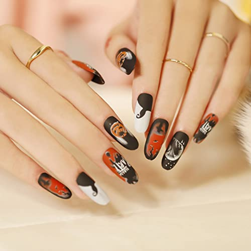 Wedity 24 PCS Halloween Fake Nails Pumpkin Ghost Print Cute False Nails Press on Nails Artificial for Women and Girls (C)