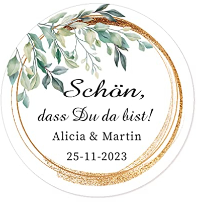 50 PERSONALISIERT Hochzeit Aufkleber,Schön, dass du da bist! grüne Pflanzen 40mm Gastgeschenke Aufkleber für Hochzeit, Verlobung,Taufe, Geburtstag, Kommunion, Party, Weihnachten - Rd 059 (003)
