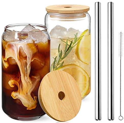 Your's Bath Transparent Can Glass Cups with Bamboo Lids and Stainless Steel Straw 2pcs 500ml Large Thick Drinking Glasses Set Can Shaped Beer Glasses for Iced Coffee Cold Drink Cocktail