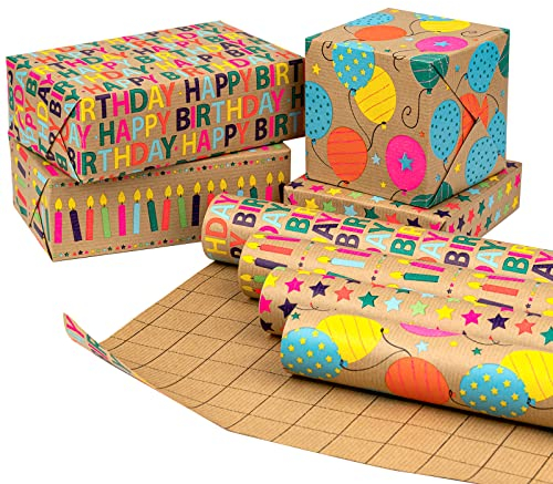 RUSPEPA Rouleaux De Papier Cadeau Kraft - 43,2 cm X 3,05 m Par Rouleau, 4 Rouleaux Au Total, Anniversaire Coloré