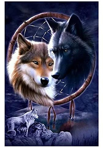Taxpy Kreuzstich Stickpackungen Vorgedruckt, Wolf Dreamcatcher Animal Printed Fabric 11Ct Cross Stitch Complete Kit Stickerei Dmc Threads Craft Knitting Bilder Stickerei Set