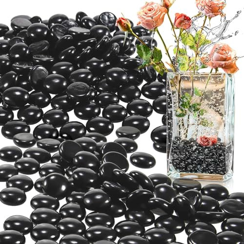 Sukh Flache schwarze Glasmurmeln – dekorative Perlen, Glasnuggets, Edelsteine, Füllvase, Streuung auf Tischen, Steine, Gaskamin, Aquarium, Felsen für verschiedene Bastelprojekte und