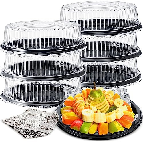 Tessco 6 Pcs Heavy Duty Serving Tray and Lid 12 Pcs Deli Wax Paper Sheets Large, Black Plastic Round Platters with Clear Lids for Party Food Sandwich Veggie Cookie Tray, Heavy Duty (16 Inch)