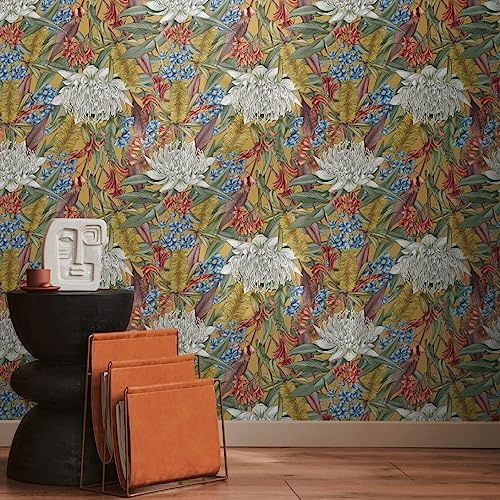 Livingwalls Blumentapete Gelb Bunt - Tapete Wohnzimmer Schlafzimmer 394284 - Vliestapete Dschungel - 10,05 m x 0,53 m für 5,33m² - Made in Germany
