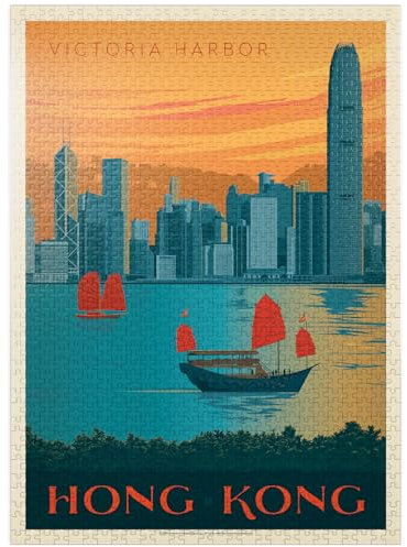 China: Hong Kong, Victoria Harbor, Vintage Poster - Premium 1000 Piece Jigsaw Puzzle for Adults