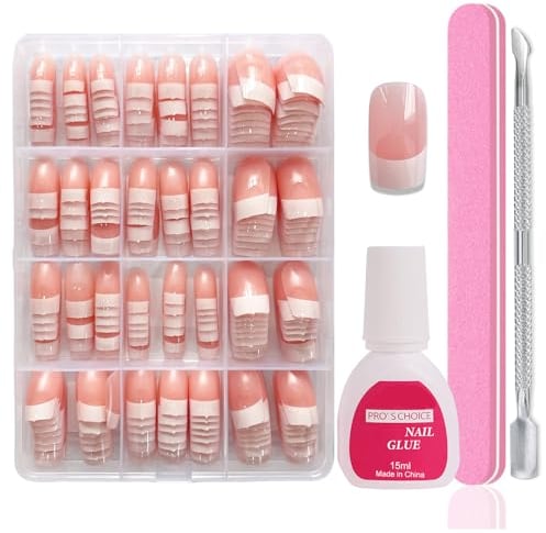 Maggidea French False Nails Kit 240Pcs, Short Square Acrylic Press On Nails with Glue, 12 Sizes Fake Nails White Tip & Nail File/Cuticle Pusher for Women Manicure