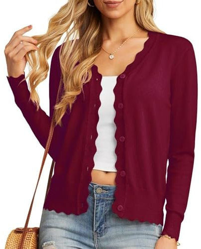 GRECERELLE Cardigan Femme avec Boutons et Encolure en V Cardigan Femme Léger et Estival Elégant avec Dentelle (Vin Rouge, M)