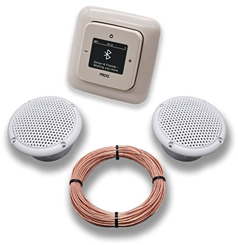 Busch Jäger DAB+ Unterputz Bluetooth (in and out) Radio 8217U-101 DURO2000 cremeweiß, Komplett-Set mit 2 x Decken Feuchtraumlautsprecher/Badezimmer + 20 m Lautsprecherkabel 2x0,75 mm2 8217 U - 101