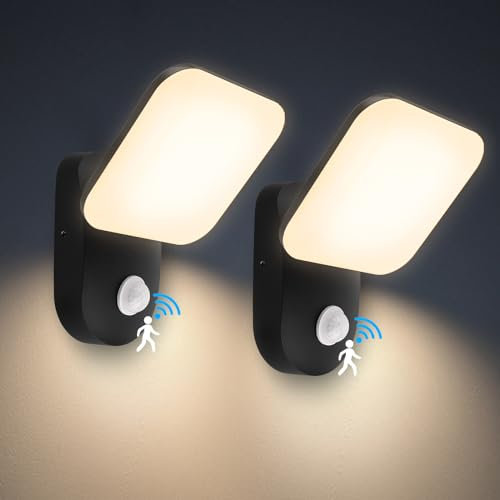 T-SUN Dusk Till Dawn Outdoor Lights, 2 Packs 18W Modern Motion Sensor Lights Outdoor Mains Powered with 3000K IP65 Waterproof Black Aluminium Outdoor Lights Wall for House Garage Patio Garden