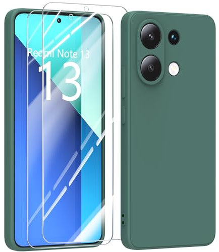 MIKULLE Funda para Xiaomi Redmi Note 13 4G con Cristal Templado Protector de Pantalla,Ultra Slim Protectora Anti-Choques Carcasa de Silicona Líquida TPU Suave Case Cover - Verde Oscuro