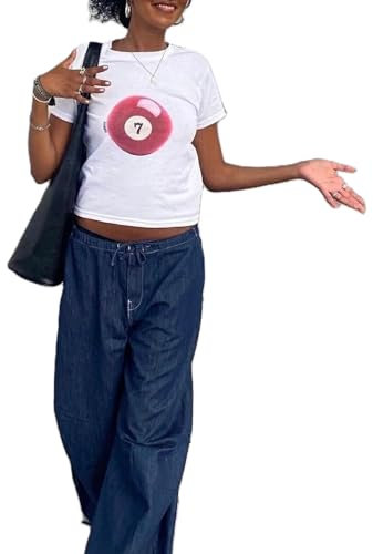 WangsCanis Damen Y2k Graphic Baby T-Shirts Kurzarm Grafikdruck Crop Tops Fairy Grunge E Mädchen Cute Schlank Fit Hemd (Aa White, L)
