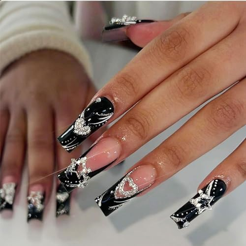 Goiern Lot de 24 faux ongles à presser longs avec strass roses - Ongles noirs - Carrés brillants - 3D - Faux ongles artificiels - Manucure pour femmes et filles