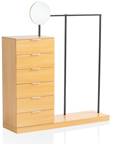 FineBuy Garderobe Eiche-Dekor 145x165x40 cm Flurgarderobe Modern, Kompaktgarderobe für Schuhe, Jacken, Schals und Mützen, Kleiderständer Flur mit Kommode, Kleiderstange und Spiegel
