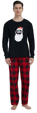 GLOBAL Homme Pyjama Flanelle Ensembles de Pyjama Homme Coton Vêtements de Nuit Haut Deux Pièces Chaud Pyjama Sets Col Rond à Manches Longues Carreaux Rouge Noir L