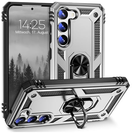 LBH Outdoor Hülle für Samsung Galaxy S23 Armor Militär Stoßfest Handyhülle 360 Grad Metal Ring Halter Ständer Schutzhülle für Handyhalterung Auto Magnet Silber