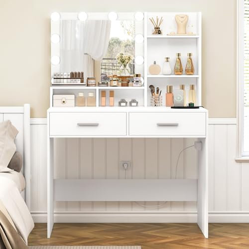 FIONESO Coiffeuse avec Miroir, 10 lumières LED, luminosité réglable en 3 Couleurs, Coiffeuse avec Prise, 2 Tiroirs et 4 étagères, Moderner, Blanc