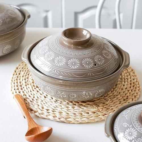 Japanischer Donabe-Keramik-Hot Pot, hitzebeständiger Auflauf mit Deckel, runder Tontopf aus Steinzeug, Reiskocher für Eintopfstimmung, 2 l