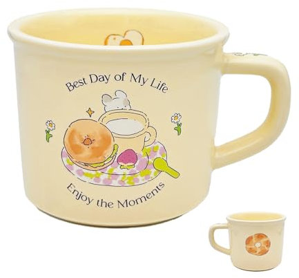 TREEWOO Taza de café Kawaii, diseño de conejito de dibujos animados, 380 ml, cerámica, color pastel cremoso, para leche, té, café