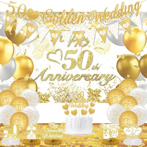 50th Wedding Anniversary Decorations, Happy Golden Wedding Anniversary Banner Backdrop Cake Topper Confetti Honeycomb Centerpieces for Party Supplies
