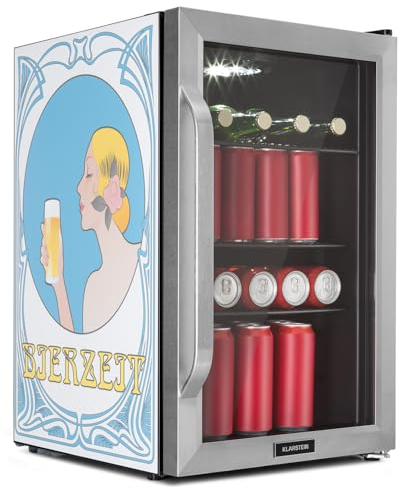 KLARSTEIN Frigorifero 70L, Mini frigo Silenzioso con Ripiani Rimovibili, Porta in Vetro e LED, Adatto all'Uso Esterno, 0-10°C