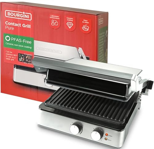Bourgini Griglia elettrica 2000 W, rivestimento ceramico antiaderente, facile da pulire, apertura 180°, superficie 29 x 23 cm, temperatura regolabile, privo di PFAS per una cucina sana.