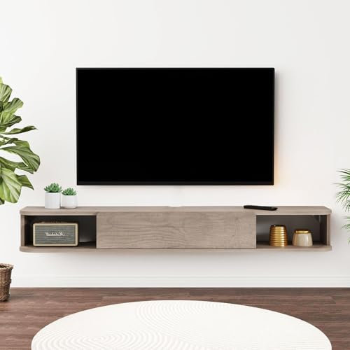 Pmnianhua Floating TV Shelf, Wall Mounted TV Cabinet, Floating Shelves with Door, Modern Entertainment Media Console Center Large Storage Under TV (120cm, Rustic Oak)