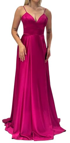 Scollo a V, spalline sottili, elegante, abito da sera in raso, abito da damigella d'onore, fucsia, L
